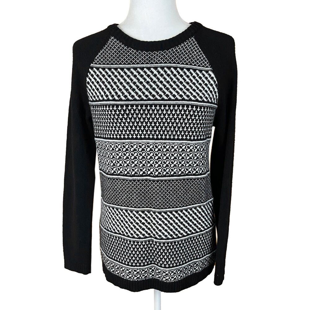 Talbots Lambswool Nylon Blend Pullover Sweater Size M Black White Geometric
